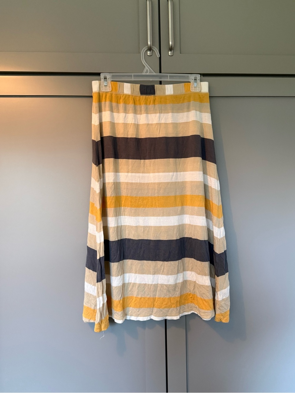 Covet Horizontal Striped Midi Skirt in Yellow, Grey, Beige & White - Size Medium